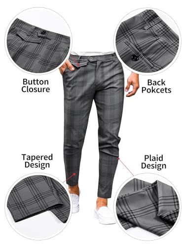Coutgo Men's Classic Plaid Dress Pants Casual Business Stretch Straight Leg Slim Fit Button Trousers Dark Grey