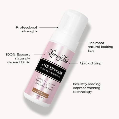Loving Tan 2 HR Express Self Tanning Mousse, Dark - Streak Free, Natural, Professional Quality - 5+ Sunless Self Tanner Applications per Bottle, Cruelty Free, Naturally Derived DHA - 4 FL Oz