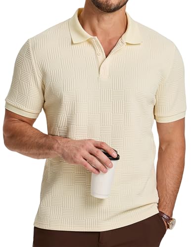 JMIERR Men's Business Casual Polo Shirt Jacquard Textured Golf Polos Quiet Luxury T Shirt, US40(M), Beige