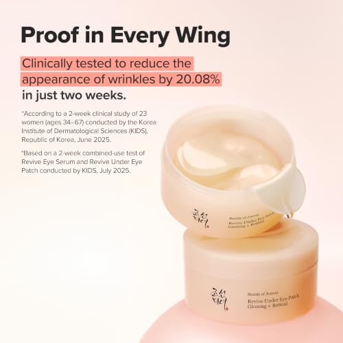 Beauty of Joseon Revive Under Eye Patch with Retinal and Ginseng, for Puffy Eyes, Fine Lines and Wrinkles, Collagen, Peptide, Adenosine and Bakuchiol, for All Skin Types, 60 Sheets, 30 Pairs