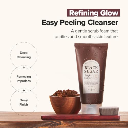 SKINFOOD Black Sugar Perfect Scrub Foam 180g - Detoxifying Pore Scrubs & Exfoliator Soft & Rich Bubble Facial Foam Cleanser, Removes Dead Skin Cells - Exfoliating Skincare for Men & Women (6.35 oz)