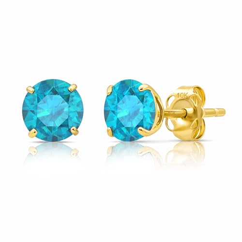 10K Yellow Gold Round Swiss Blue Topaz Earrings for Women with Push Backs | 6mm Solitaire December Birthstone Earring | Solid Real 10 Karat Gold Gemstone Studs for Women by MAX + STONE
