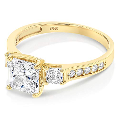 Ioka - 14K Solid Yellow Gold 1.5 Ct. Princess Cut 3 Stone CZ Engagement Ring With Stones in Band - Size 7