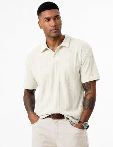 JMIERR Polo Shirts for Men Classic Fit Short Sleeve Loose Casual Soft Button Old Money Textured Cable Knit Shirt Quiet Luxury Clothes, XL, Beige