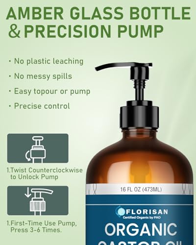 Florisan USDA Certified Organic Castor Oil 16oz Glass Bottle, Cold Pressed, Hexane-Free, Non-GMO, Vegan, 100% Pure Castor Oil for Hair Growth, Skin, Lashes, Eyebrows, EWG Verified