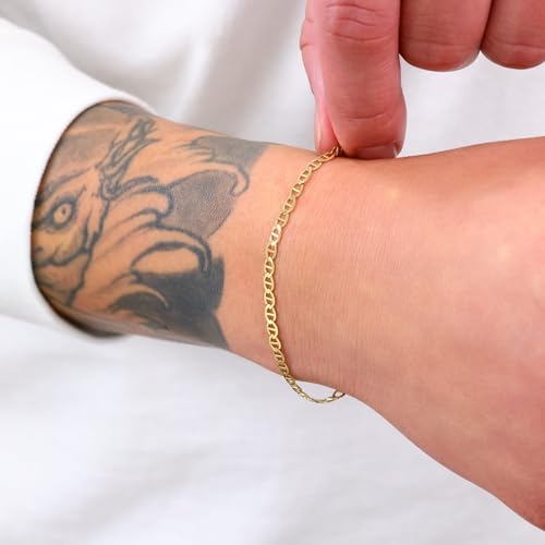 Nuragold 10K Real Yellow Gold Mariner Chain Solid Link Anchor Bracelet - 7.5",3mm