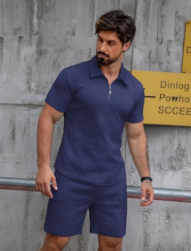 EISHOPEER Men's Luxury Textured Polo Set Comfort Zip Neck Elastic Waist Shorts Business & Party Wear Navy Large