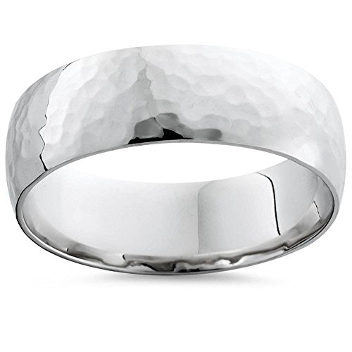 P3 POMPEII3 Pompeii Mens 7mm 14K White Gold Polished Hammered Wedding Ring Band - Size 9.5