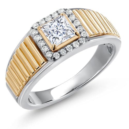 Gem Stone King Princess Cut Ring For Men | 925 Silver and 10K Yellow Gold | 5MM Princess Cut Gemstone Birthstone and 1.2MM Round White Lab Grown Diamond | Available in Size 7-13