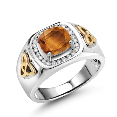 Gem Stone King 2.26 Ct Brown Tiger Eye and Lab Grown Diamond Men's Ring | 925 Silver and 10K Yellow Gold | Cushion Cut 8MM | Gemstone Birthstone | Available in Size 7, 8, 9, 10, 11, 12, 13 | Size 12