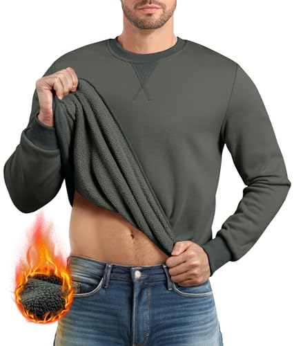 JMIERR Mens Fleece Long Sleeve Crewneck Sweatshirts Sherpa Lined Fall Winter Pullover Sweaters Shirts, L, Dark Grey