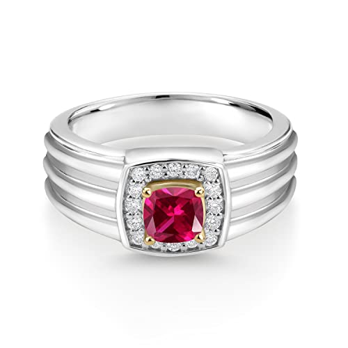 Gem Stone King Men's 925 Silver and 10K Yellow Gold Customized and Personalized 4MM Cushion Cut Gemstone Birthstone and White Lab Grown Diamond Ring (Size 7)