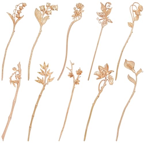 Lawie 10 Pack Gold Hair Sticks Flower Leaf Decorative Metal Long Hair Pins Bun Holders Chopsticks for Hair Chinese Hanfu Costume Retro Vintage Fancy Headpieces Accessories for Women Girls