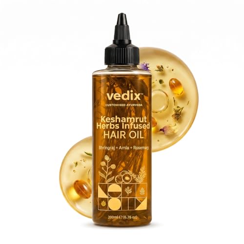 Vedix Keshamrut Herbs Infused Ayurvedic Hair Oil With Bhringraj, Amla & Rosemary I Control Hair Fall & Boost Hair Growth I 16+ Whole Herbs, Leaves & Flowers I No Mineral Oils & Chemicals (200ml)