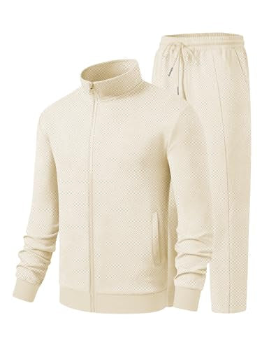 JMIERR Track Suit Mens Sweatsuit Casual Sports Jogging Sets Sweat Suit Full Zip Loungewear Sets Cream Textured Two Piece Outwear Regular Fit for Early Fall Spring, M, Beige