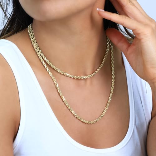 Nuragold 10k Real Yellow Gold Rope Chain Diamond Cut Italian Necklace - 4mm - 22"