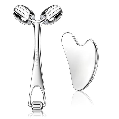 Yeamon Gua Sha Facial Tools and Face Roller Set, Facial Massage Tool for Women’s Skincare Routine,Cooling Stainless Steel Face Sculpting Eyes Roller Guasha for Daily Use or Self-Care Gift for Women