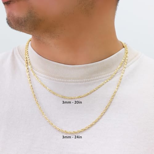 Nuragold 14k Real Yellow Gold 3mm Rope Chain Lightweight Necklace (16"-30") - 20"