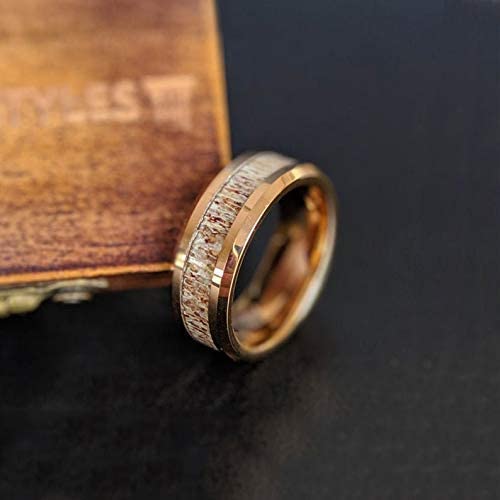14K Rose Gold Tungsten Rings for Men Deer Antler Ring with Beveled Edges Rose Gold Wedding Band Stag Elk Rustic Anniversary Gifts for Him Promise Engagement Bands