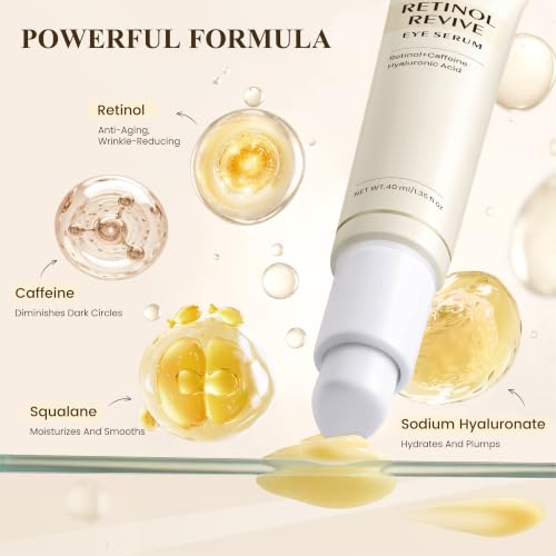 USMOTAR Retinol & Caffeine Eye Serum - Dark Circles Relief & Depuffing Treatment, Hyaluronic Acid + Collagen, Gentle Under Eye Cream for Sensitive Skin, Hydrates & Smooths Fine Lines 40ml, 1.35 fl.oz