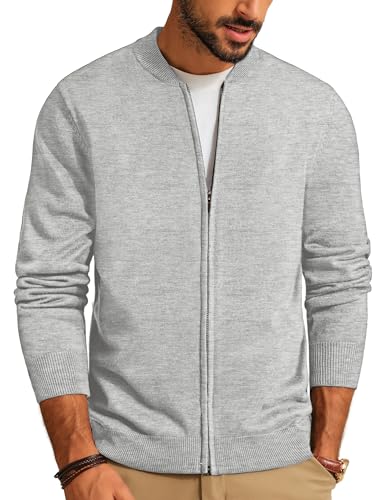 Mens Classic 2-Way Zip Cardingan Sweater Stand Collar Baseball Jacket Light Grey, M