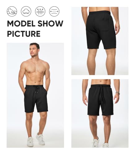 JMIERR Mens Casual Shorts Drawstring Summer Beach Stretch Waist Texture Jacquard Work Black Sweat Shorts with Pockets, L