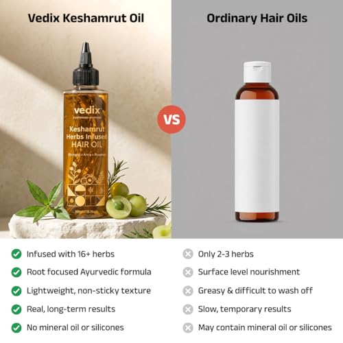 Vedix Keshamrut Herbs Infused Ayurvedic Hair Oil With Bhringraj, Amla & Rosemary I Control Hair Fall & Boost Hair Growth I 16+ Whole Herbs, Leaves & Flowers I No Mineral Oils & Chemicals (200ml)