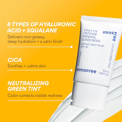innisfree Daily Mineral UV Defense SPF 45 | Tinted Korean Sunscreen with Zinc Oxide for Redness | Gentle, Hydrating and Lightweight | Available in 2 Pack