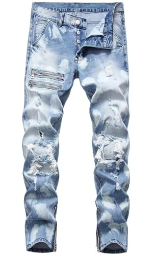 HENGAO Mens Ripped Skinny Slim Fit Stretch Jeans, Fashion Distressed Destroyed Comfort Straight Leg Denim Pants, 1161 Light Blue, 44