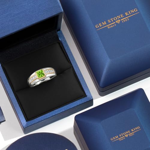 Gem Stone King Princess Cut Ring For Men | 5MM Princess Cut Gemstone Birthstone and 2.4MM Round Lab Grown Diamond | 925 Silver and 10K Yellow Gold | Available in Size 7-13