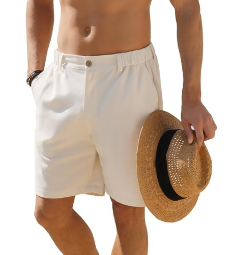 JEMLDL Men's Shorts Casual 7" Cotton Linen Button Elastic Waist Summer Beach Vacation Shorts with Multi-Pocket US 38 X-Large Beige
