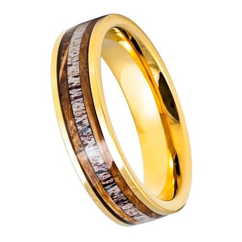 Tungsten 6mm Gold Wedding Band with Deer Antler Inlay – Polished Comfort Fit Ring for Men & Women, Durable Unique Design for Couples, Nature Lovers & Outdoor Enthusiasts- Custom Engraving. (9)