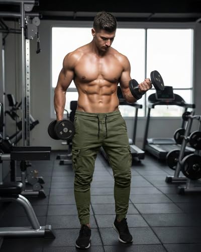 BUXKR Mens Cargo Pants Casual Hiking Pants Workout Joggers Sweatpants for Men,Army Green,M
