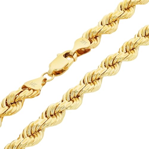 Nuragold 14k Real Yellow Gold Rope Chain Diamond Cut Mens Necklace - 7mm - 24"