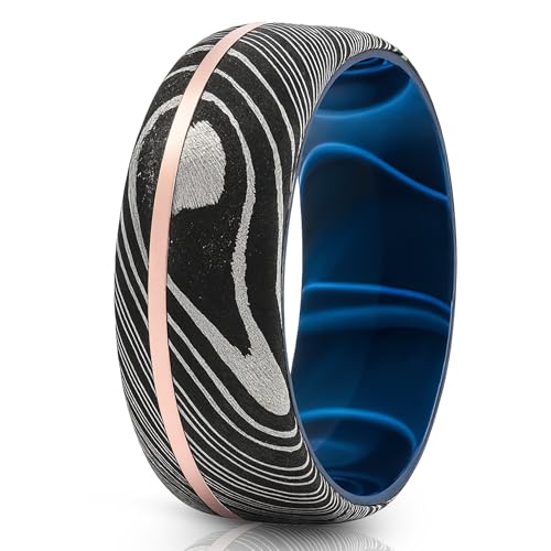 8mm Damascus Steel Men’s Wedding Band – 14K Rose Gold Inlay – Blue Ocean Sports Sleeve – Comfort Fit Ring with Etched Black Grain Pattern (9)