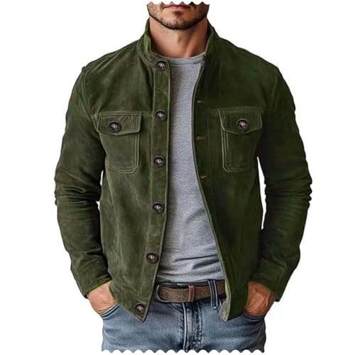 Vatwib Men's Vintage Trucker Suede Jacket Faux Leather Casual Western Lightweight Blazer Sport Coat（Green，L）