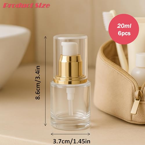6Packs 20ml Clear Glass Lotion Pump Bottles Refillable Travel Cosmetic Containers with Pump and Clear Cap Mini Empty Dispenser Jars for Serum, Essence, Toner, Skincare, Essential Oils (Golden)