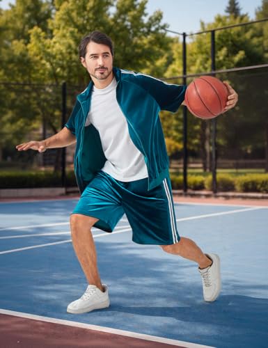 SAMDIPLUS Mens Velour Tracksuit 2 Piece Outfit Short Sleeve Full Zip Jacket and Shorts Set Summer Casual Loungewear