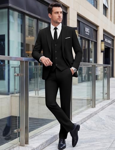 WULFUL Men’s Slim Fit Suit One Button 3-Piece Blazer Dress Business Wedding Party Jacket Vest & Pant Black