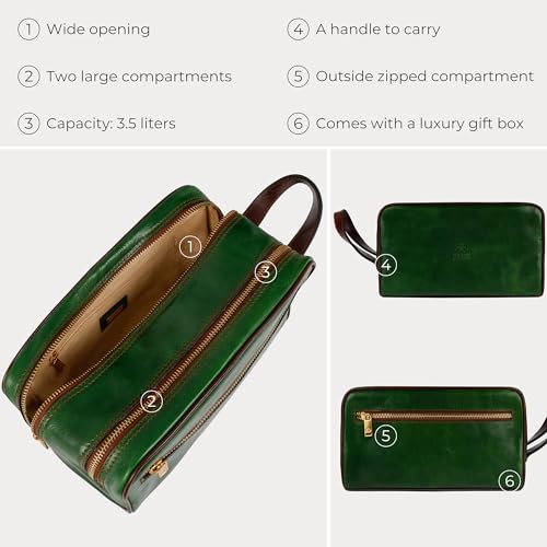 Time Resistance Leather Cosmetic Bag - Italian Toiletry Dopp Kit (Green)