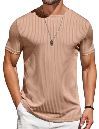 COOFANDY Men's T-Shirts Casual Stretch Solid Crewneck Short Sleeve Tees Textured Shirts Khaki