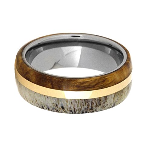 Black Ash, Deer Antler, 14k Yellow Gold 7mm Comfort-Fit Titanium Band and Sizing Ring, Size 6.5