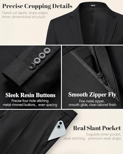 MY'S Men's 2 Piece Suit with Tie, One Button Slim Fit Solid Jacket and Pants Set, Suits for Men Party Prom Wedding & Business, Black