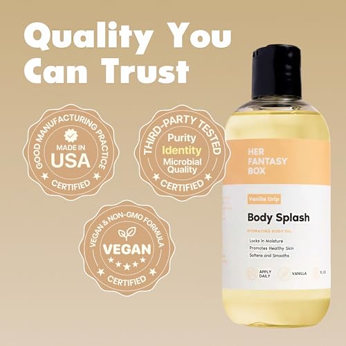 Her Fantasy Box | Body Splash Vanilla Drip Fragrance Oil – Warm Vanilla Sugar Scent with Creamy Cashmere & Sandalwood, Lightweight Hydrating Body Oil, Vegan & Cruelty Free