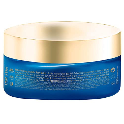 Premier Dead Sea Aromatic Body Butter- Milk and Honey, anti aging skin care, moisturizer, hydrating shea butter, firming, age spots, neck & Décolleté, lightweight & silky, 5.95Fl.oz