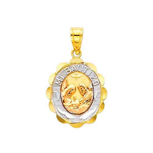 The World Jewelry Center 14k Real Tri-Color Gold Religious Baptism Pendant with 0.9mm Cable Chain Necklace - 18"