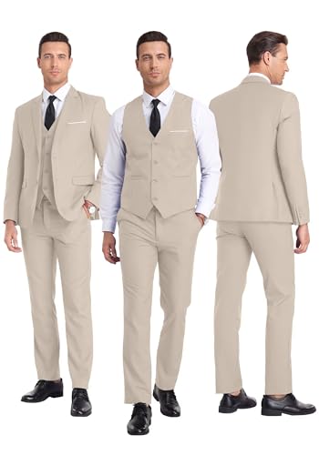 Men's 3 Piece Suit 2 Button Business Wedding Prom Slim Fit Suits Blazer Formal Tuxedo Vest & Trousers Light Champagne