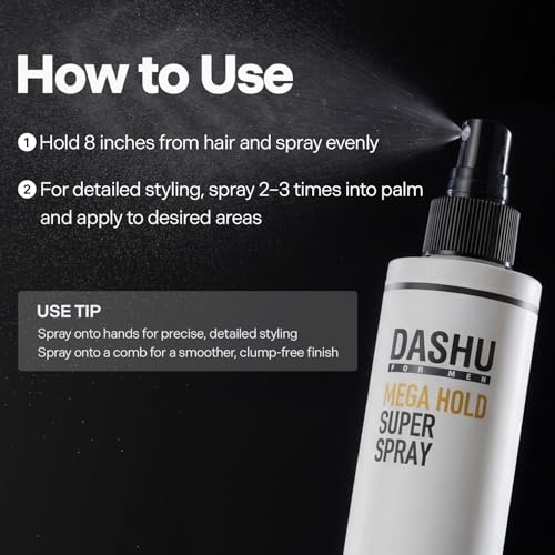 DASHU Mega Hold Super Hair Spray 8.45 fl oz – Ultra-Strong Fixation, Hairspray for Women & Men, Dryness Prevention, Natural Finish, Easy Wash-Out