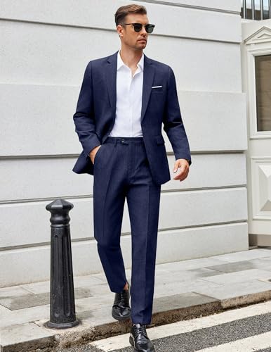 COOFANDY Men Suits Classic Fit 2 Piece Suit Set One Button Casual Blazer Wedding Bussiness Suit Separates, Dark Blue, Large
