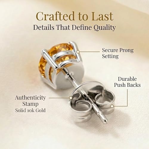 10K White Gold Round Citrine Stud Earrings for Women with Push Backs | 6mm Yellow November Birthstone Earrings | Solid Real 10 Karat Gold Gemstone Earrings for Women by MAX + STONE